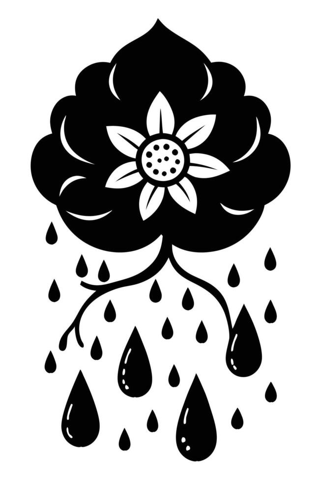 Floral Rain Cloud Black Ink, Flower, Rain Drops, Roots, Nature vector