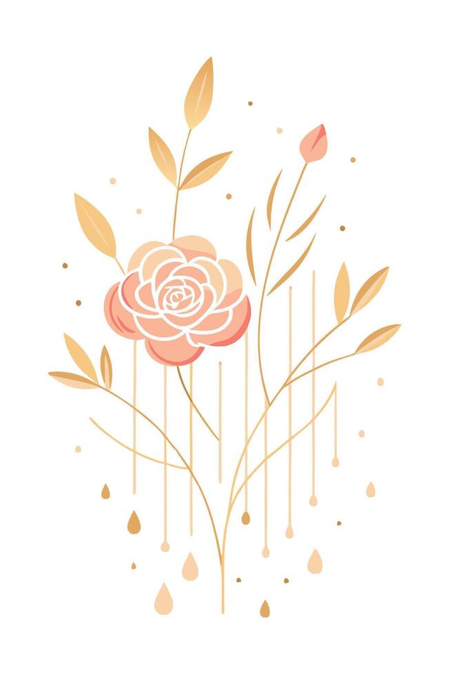 Elegant Rose Floral Design, Golden Leaves, Abstract Art vector