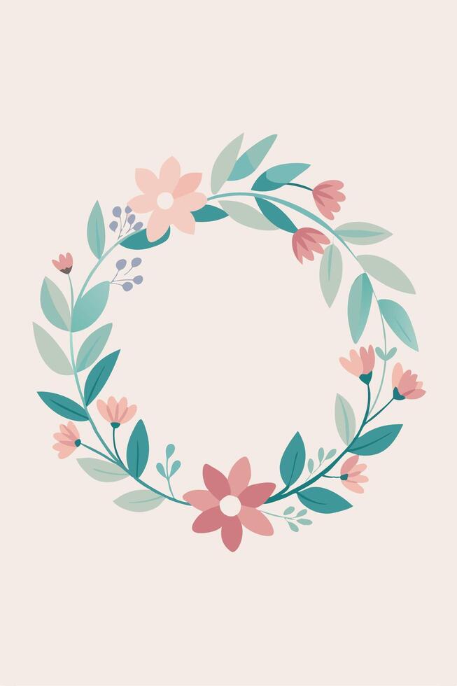 Elegant Floral Wreath Pink Flowers, Green Leaves, Botanical Design vector