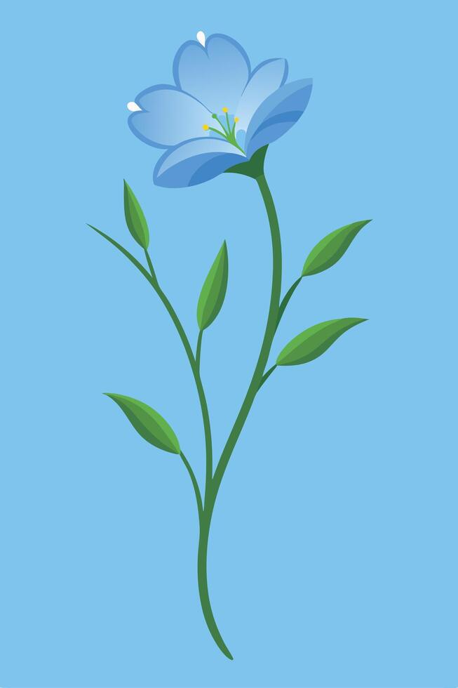 Single Blue Flower Illustration, Green Stem, Leaves, Nature Art vector
