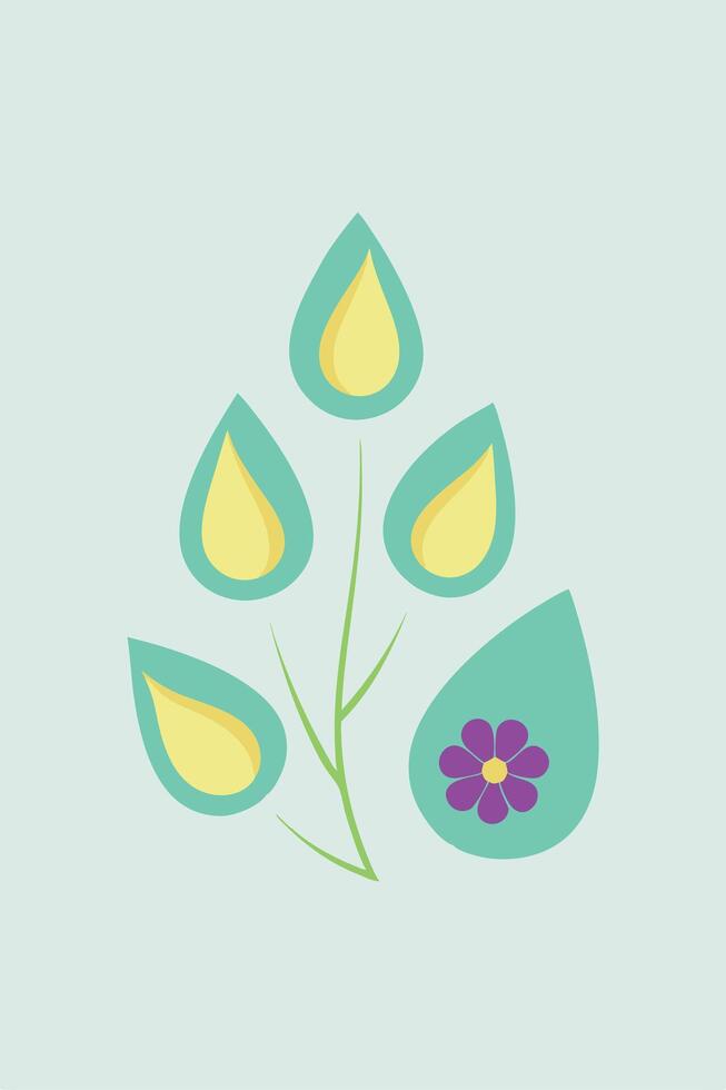 Abstract Floral Design Teal Leaves, Yellow Petals, Purple Flower vector
