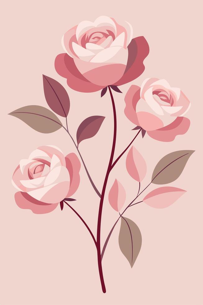 Elegant Pink Roses Floral Branch Stem Leaves Art Design vector