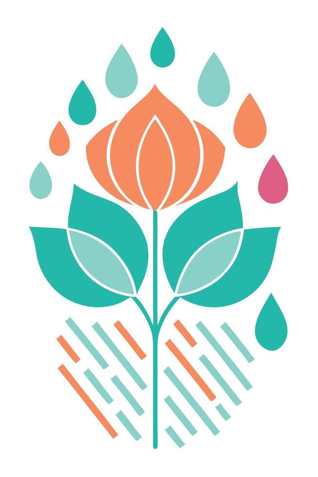Abstract Flower Illustration Rain, Growth, Teal, Orange, Design vector