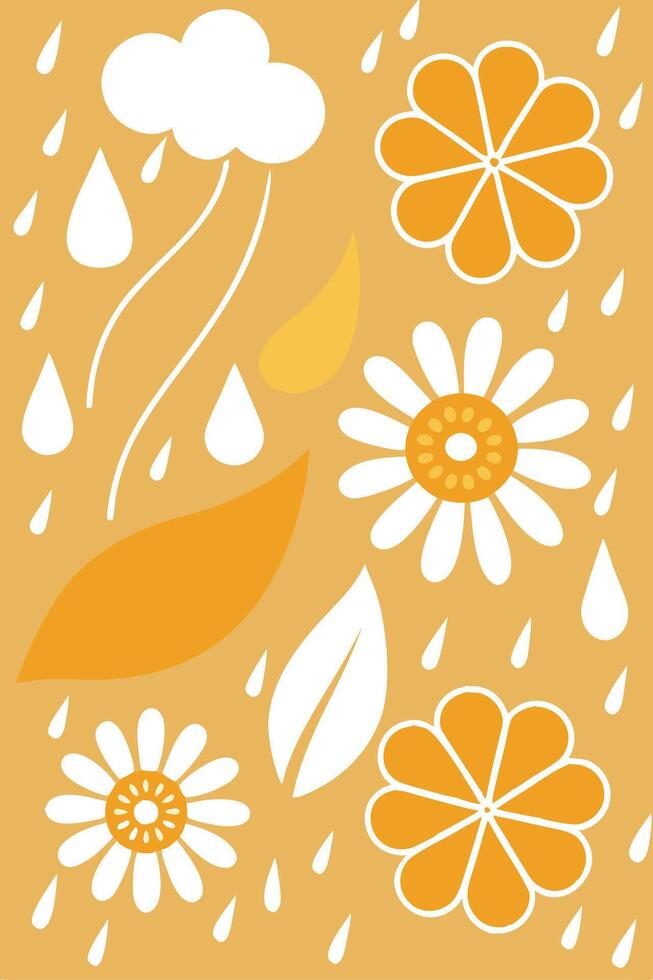 Rainy Day Flowers Yellow, White Blossoms, Leaves, and Rain vector