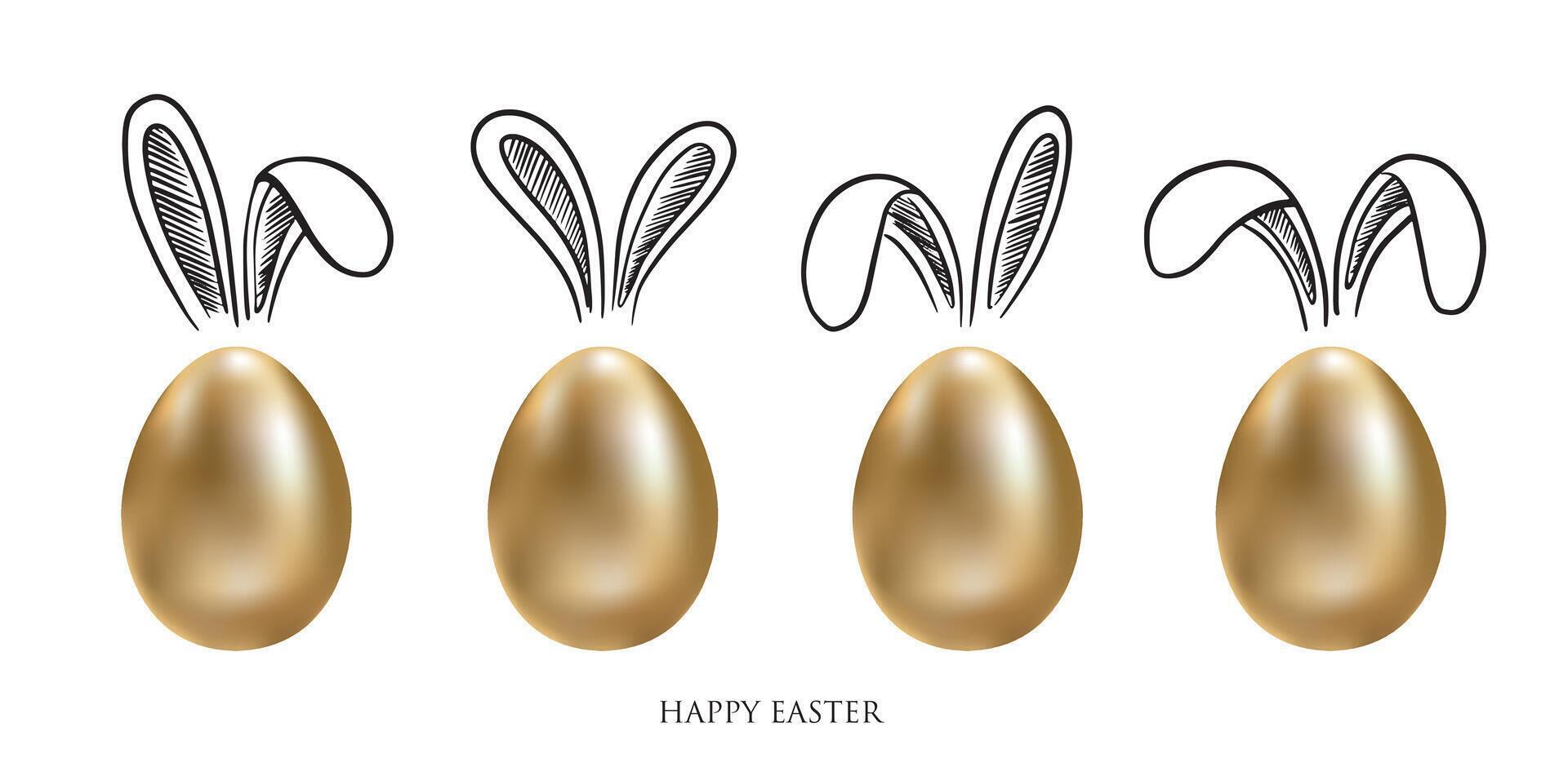 Happy Easter. Set of rabbits's ears. Gold eggs on white. Hand drawn illustration. vector