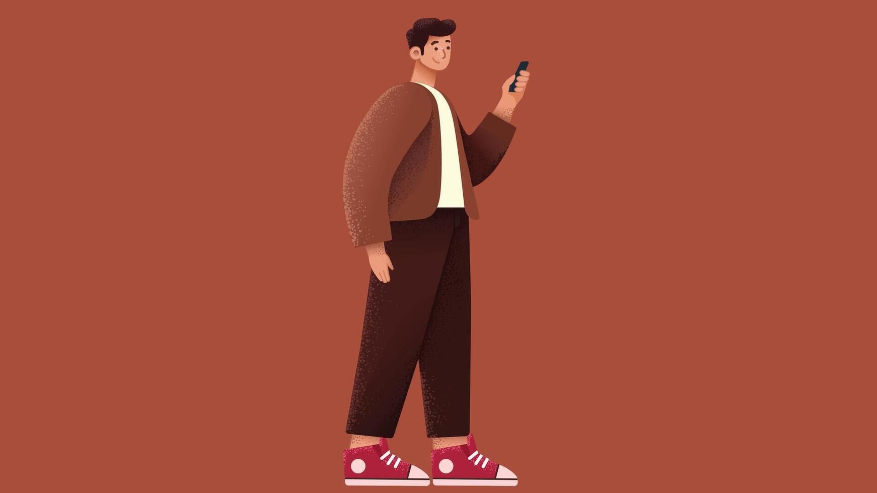 graphic person model holding phone in isolated backdrop background vector