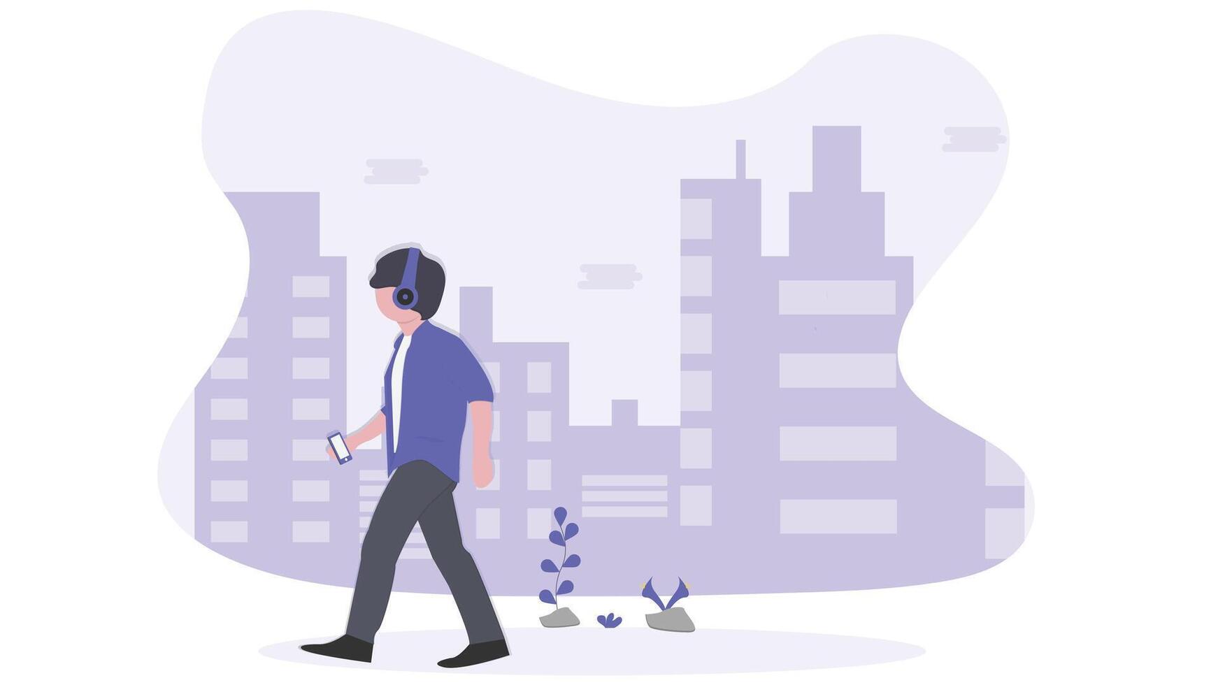 Boy checking her phone in streets, with city background illustration vector