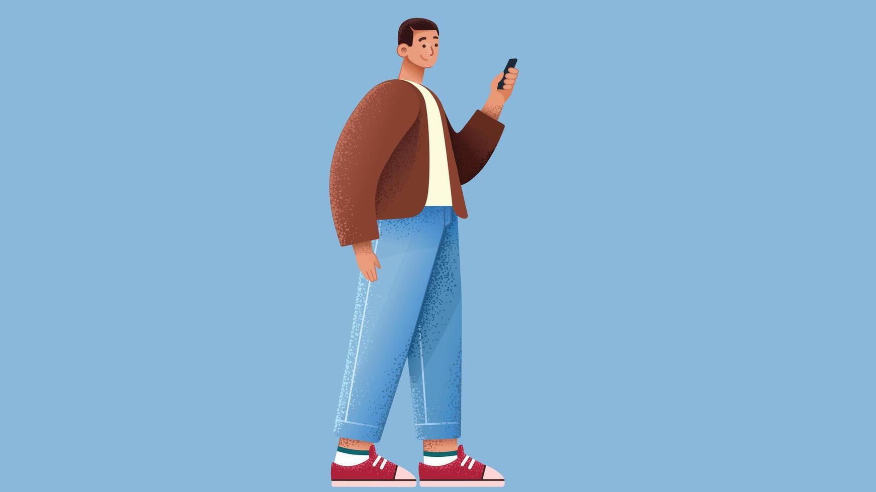 graphic person model checking phone in isolated backdrop background vector