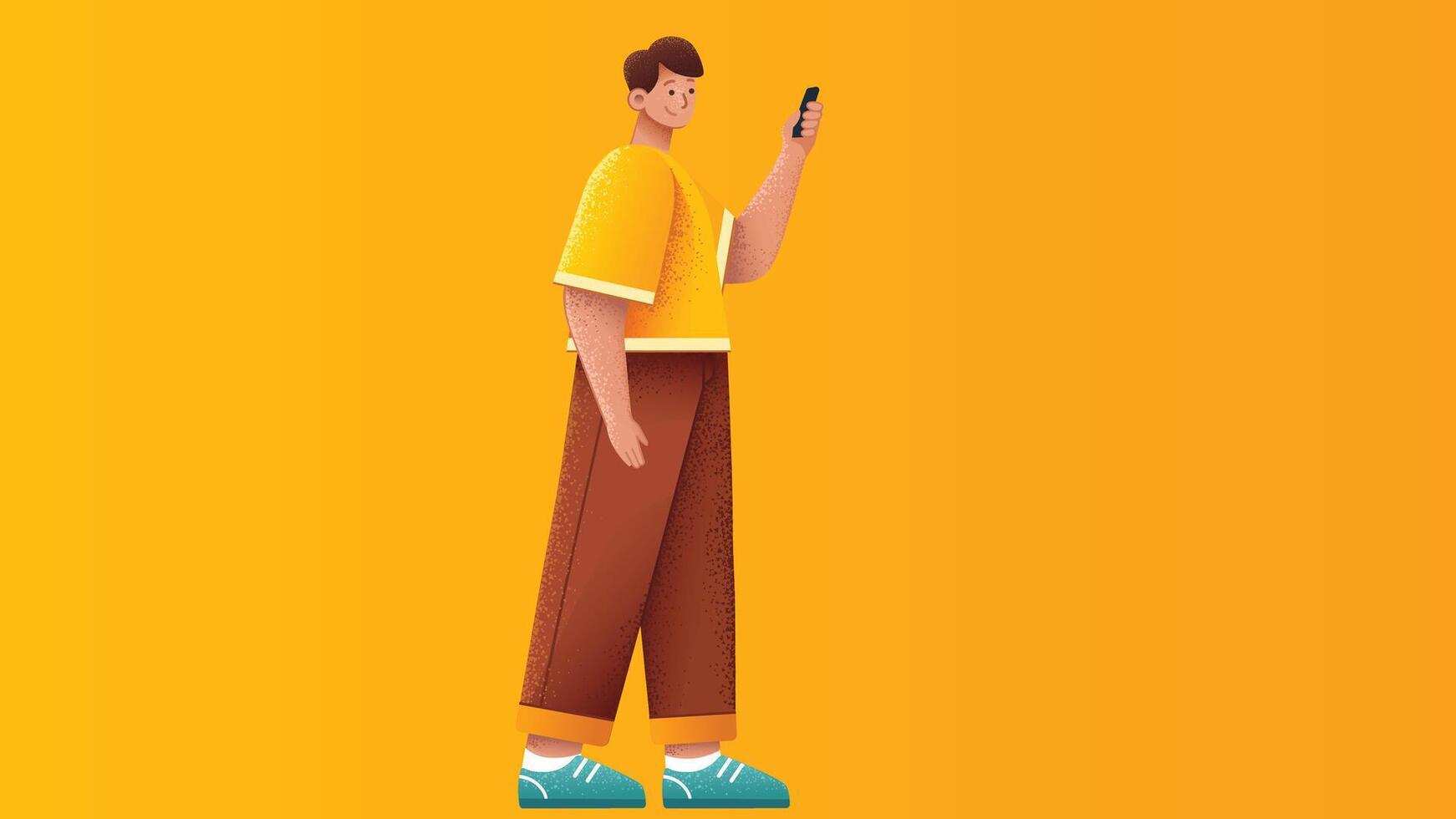 graphic person model hold his phone in isolated backdrop background vector