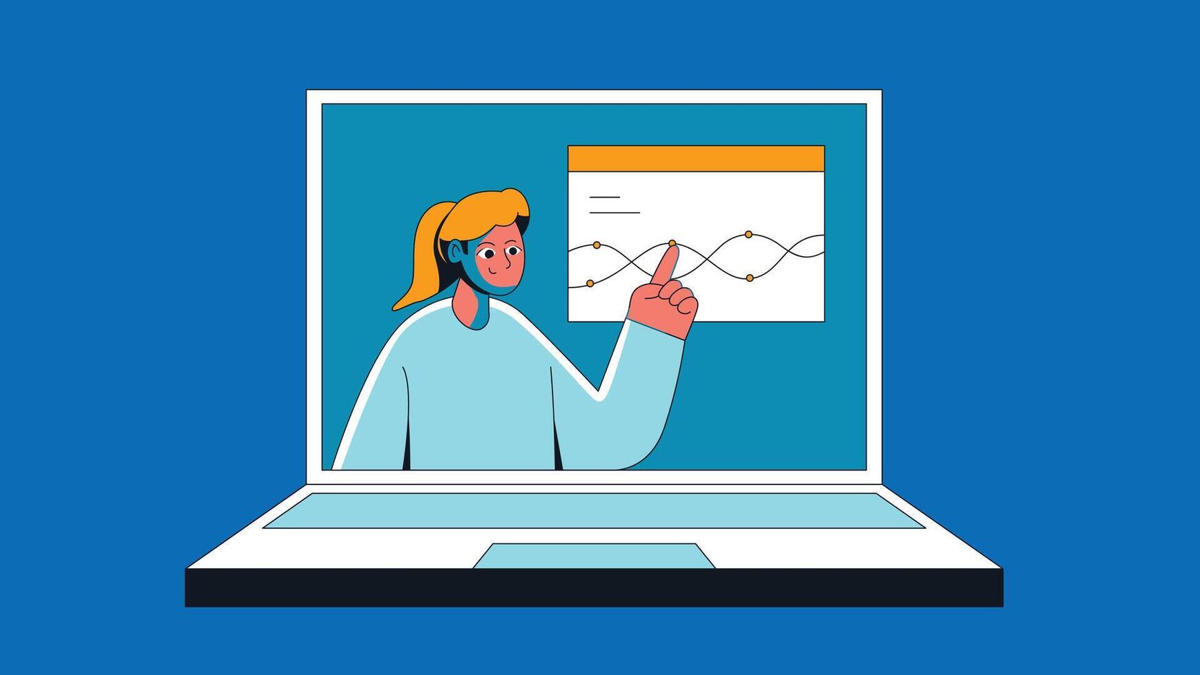 Online learning virtual session on computer flat illustration vector