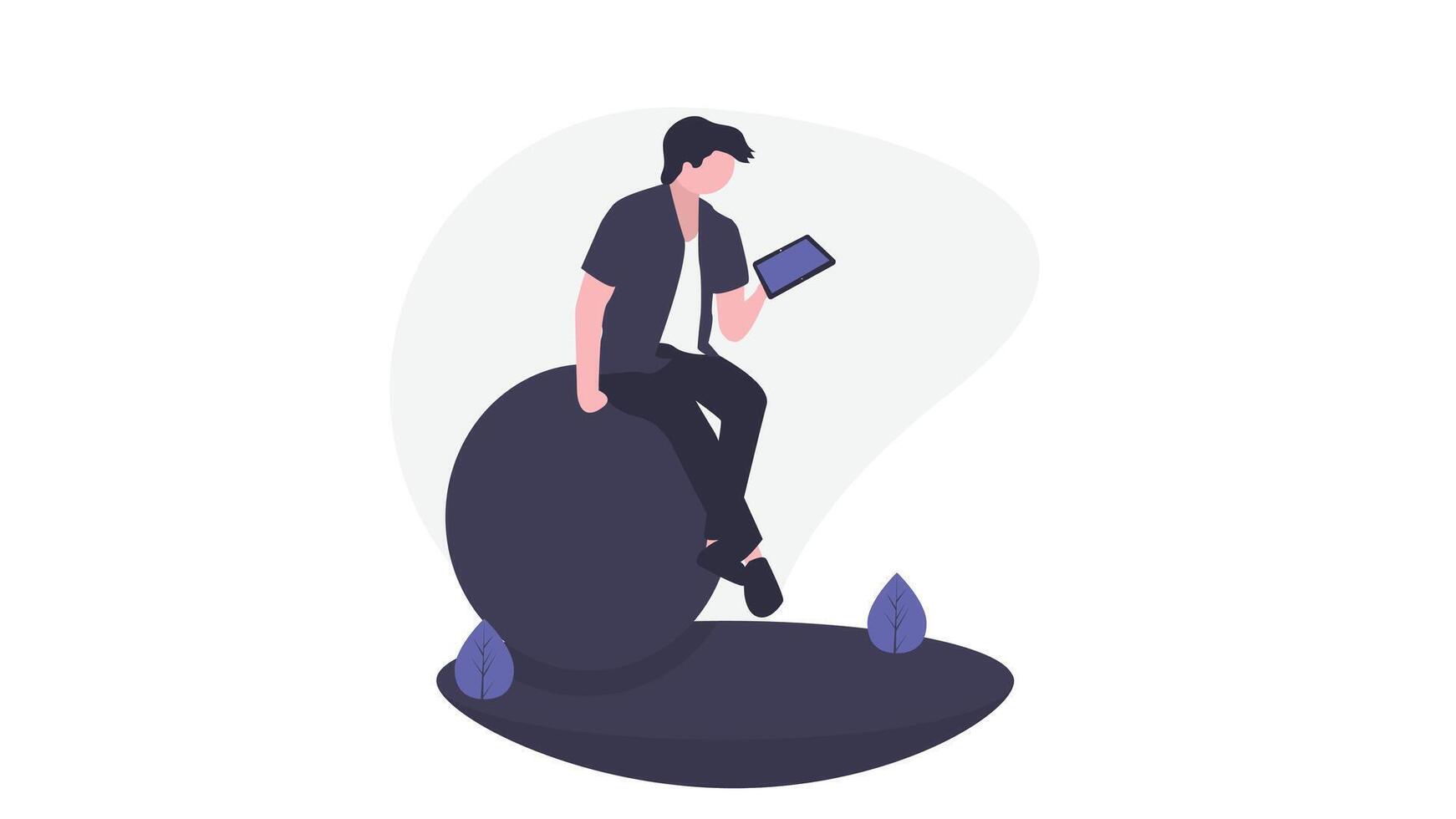 Person holding a tablet and reading from it vector