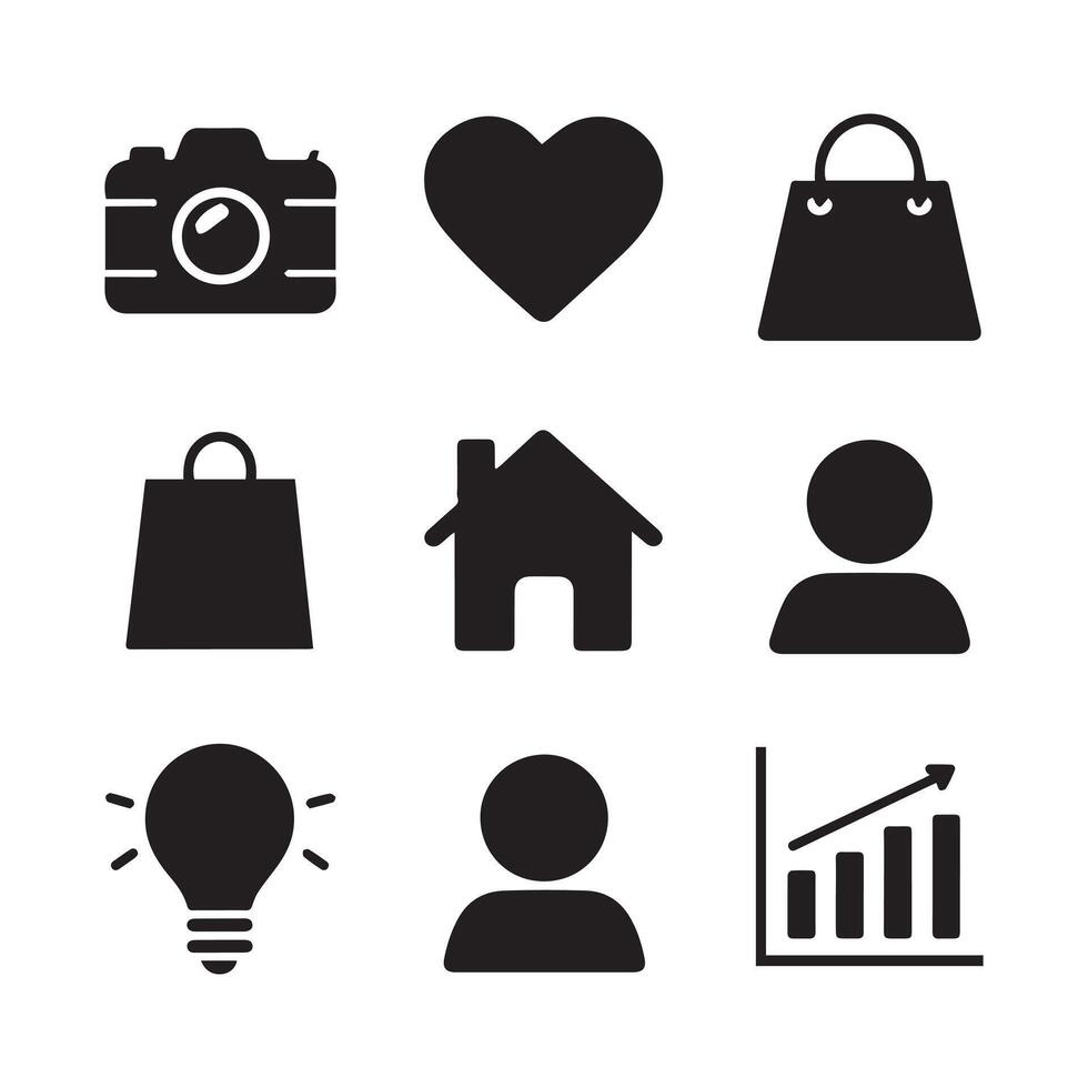 Set of user interface icon. Camera, heart, house, shopping bag, and graph. Ideal for representing diverse usage. illustration vector