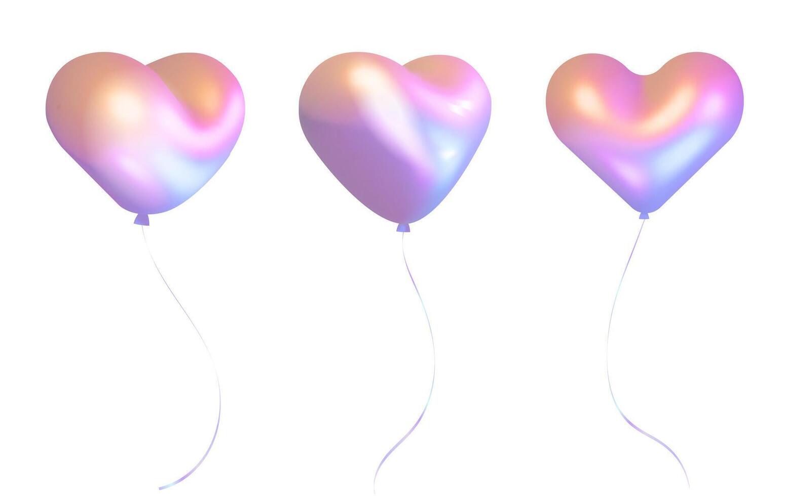 Heart shaped balloons set with a metallic iridescent colors 3D realistic elements set. Glossy Heart Balloons for Invitations, cards and posters for weddings, anniversaries and Valentine's Day vector