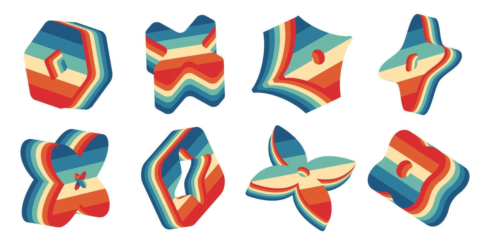 Retro abstract 3D shapes with rainbow stripes isolated on white background. Abstract shapes design elements in retro aesthetics y2k style. illustration vector
