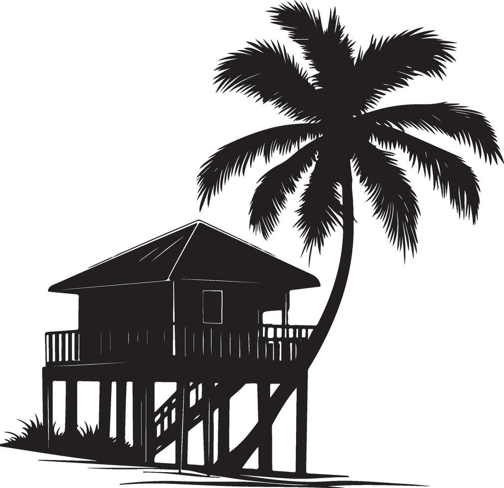 Black Silhouettes of Beach Huts and Palm Trees vector