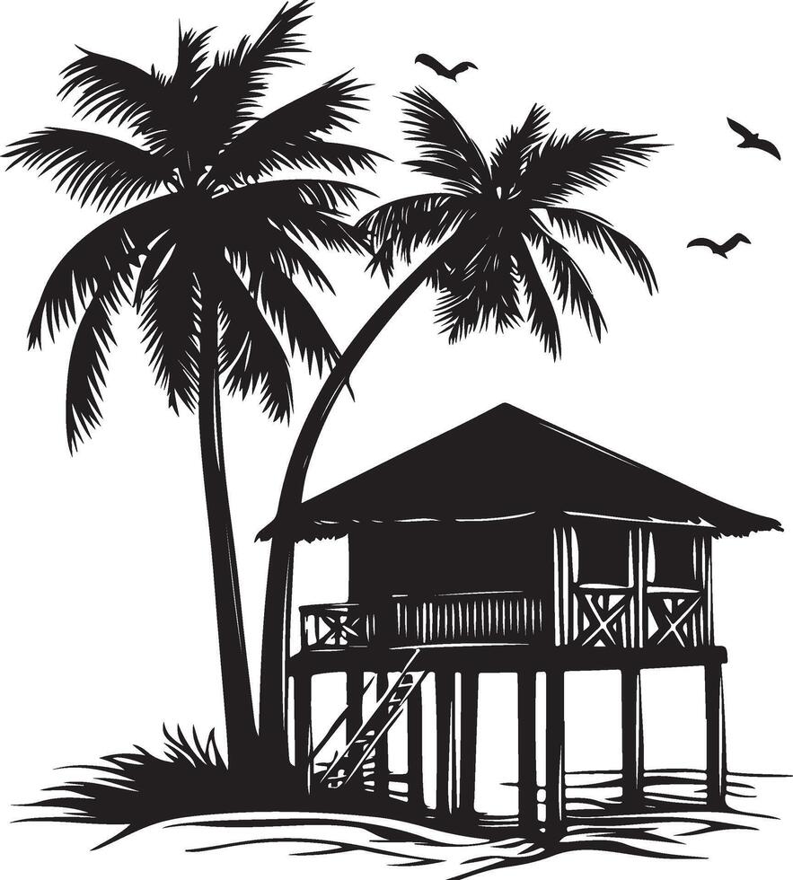 Beach Hut Palm Tree Silhouette Set vector