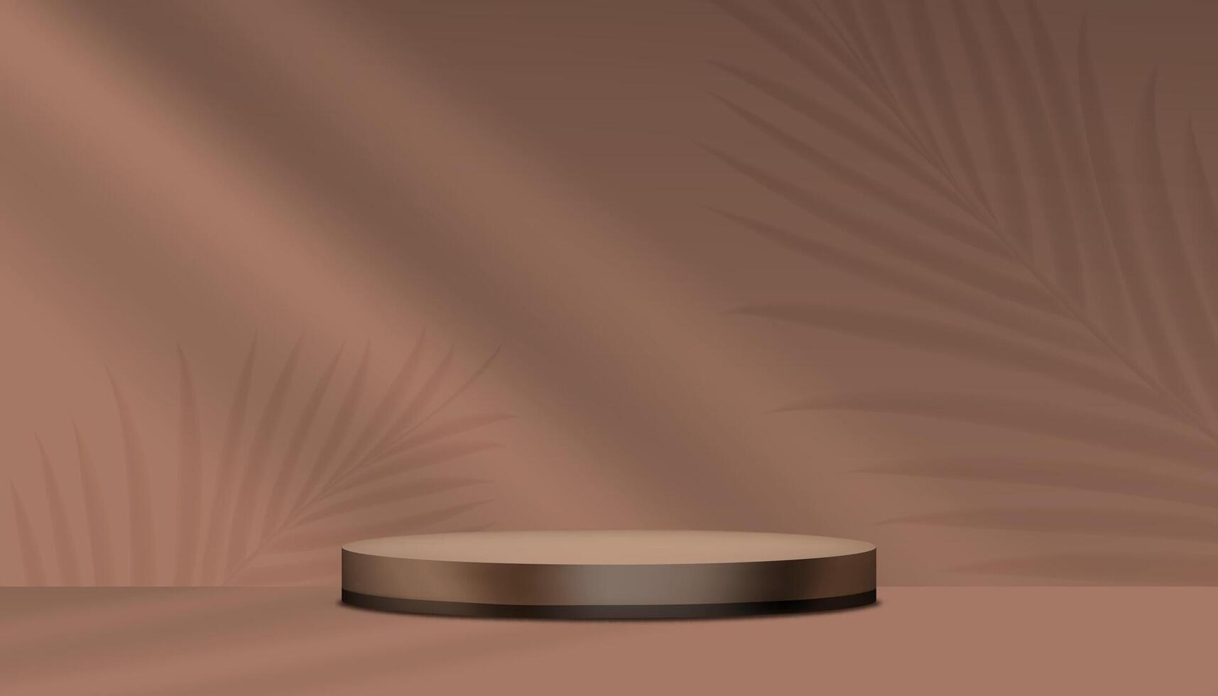 Brown Background,Empty Studio Room with Palm leaves Shadow on Podium Stage for Cosmetic Product Display,Dark Brown Wall Backdrop with Abstract Light Gradient on Floor for Summer Banner vector
