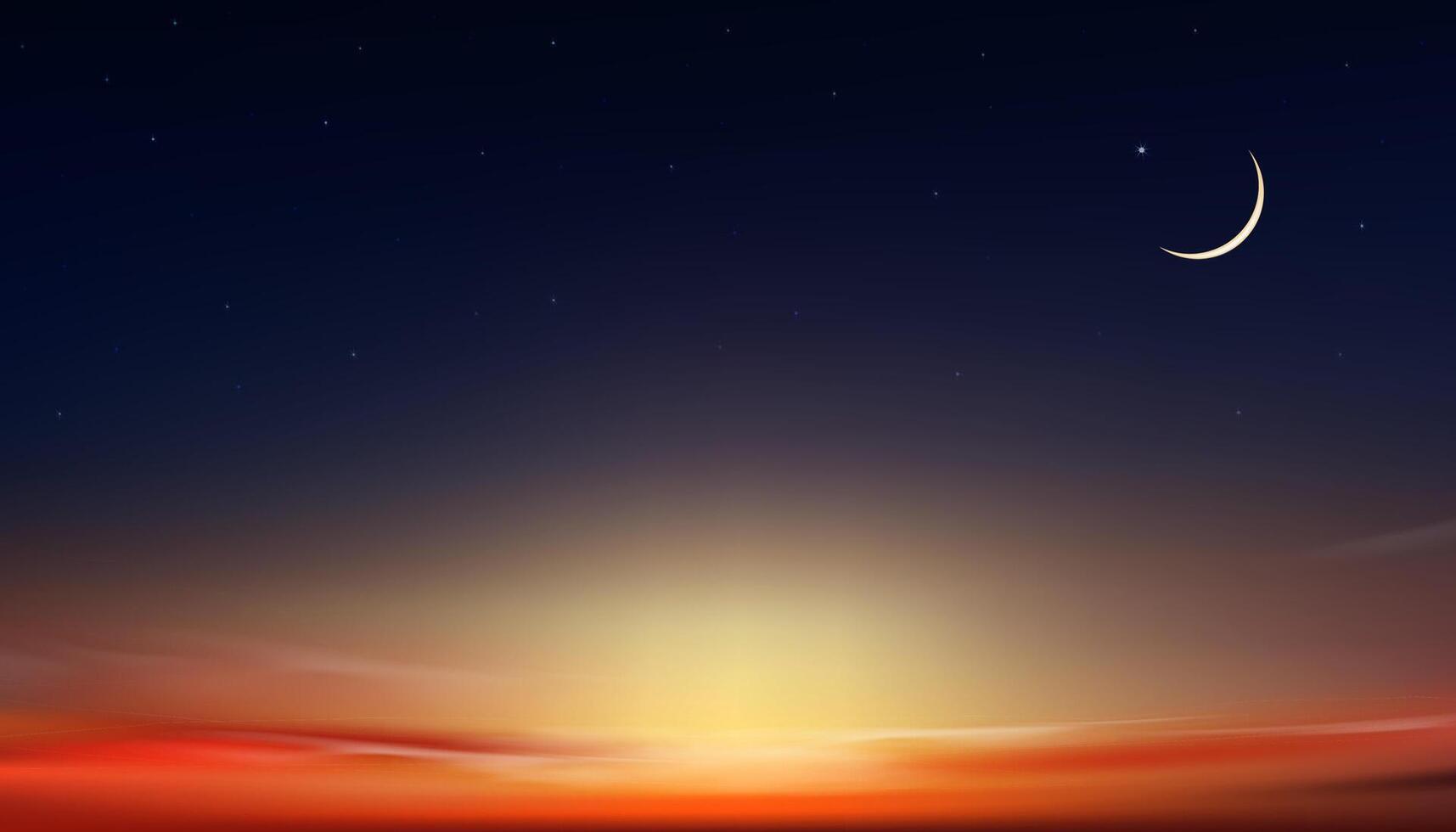 Night Sky with Star,Islamic card with Crescent moon on Sunset sky, Ramadan Night with twilight dusk sky for Islamic religion,Eid al-Adha,Eid Mubarak,Eid al fitr,Ramadan Kareem,Muharram vector