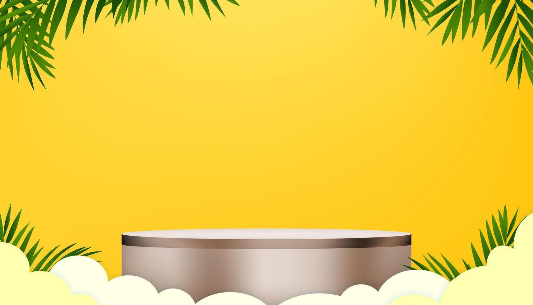 Summer Background,Studio Room with 3d Brown Podium,Green Coconut Palm Leave on yellow Wall,Paper Cut Sea Beach Waves with Copy Space.Horizon Backdrop Branches Leaf for Summer Vacation,Travel,Sale vector