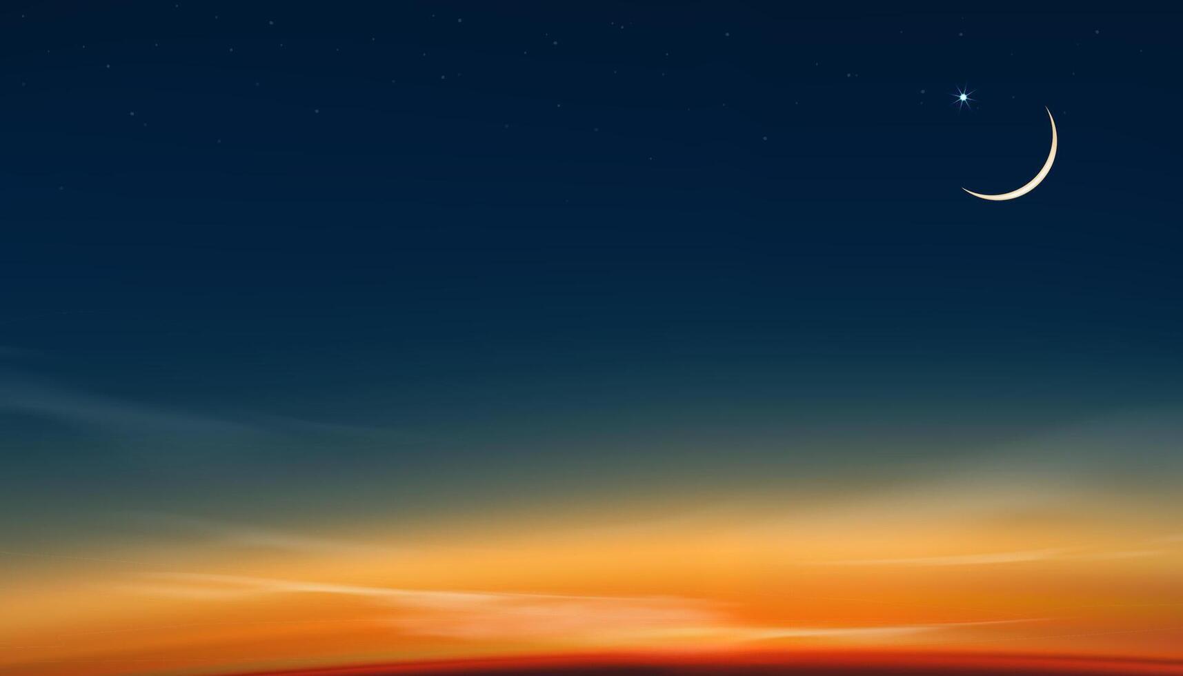 Sky Night,Ramadan Kareem Background with Crescent moon,Star with twilight dusk Sky,Greeting festive for symbolic of Muslim culture ,Eid Mubarak,Eid al adha,Eid al fitr,Islamic new year,Muharram vector