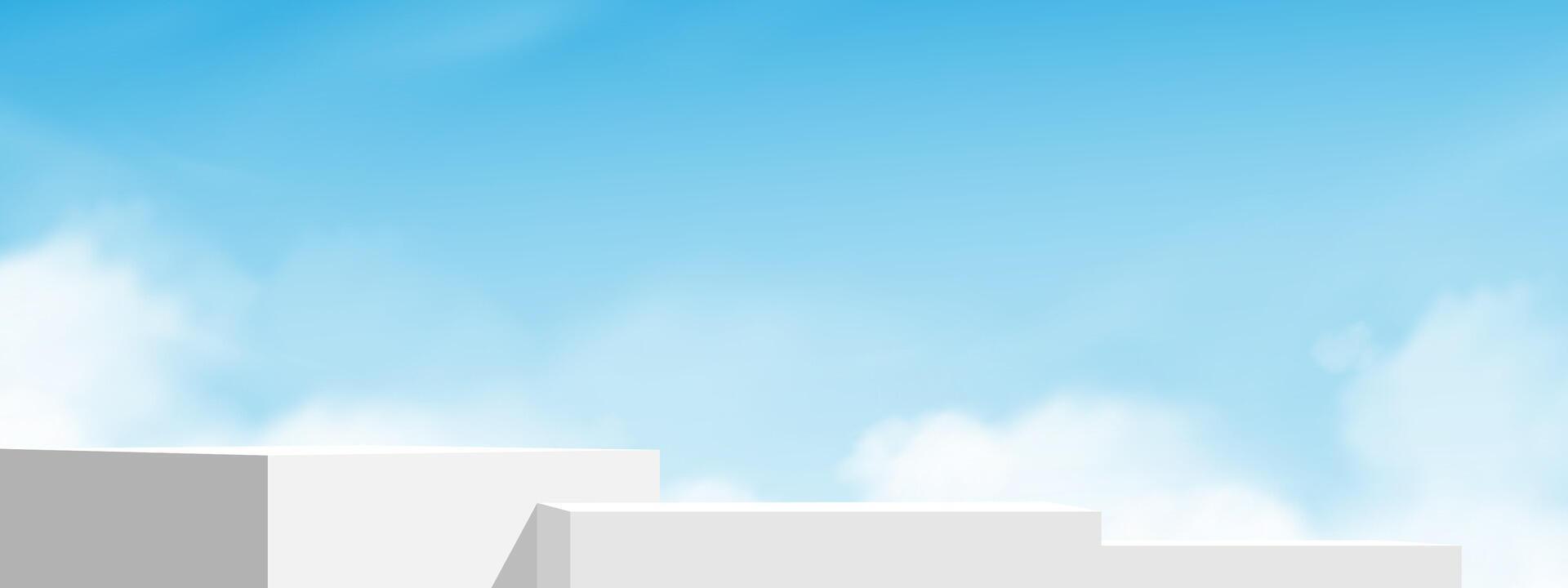 Background podium on blue sky,cloud for product design,Summer banner white platform stage stand Mockup for cosmetic,Minimal abstract building, illustration backdrop vector