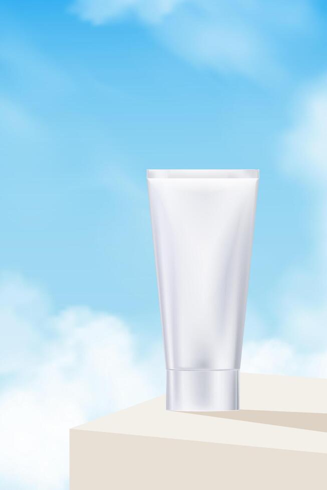 Sky Blue,Cloud Background with white cosmetic skincare tube on White Podium Platform Step and Bubbles, Minimal 3d Display for Summer Beauty Product Presentation Banner Design Nature Spring Sky vector