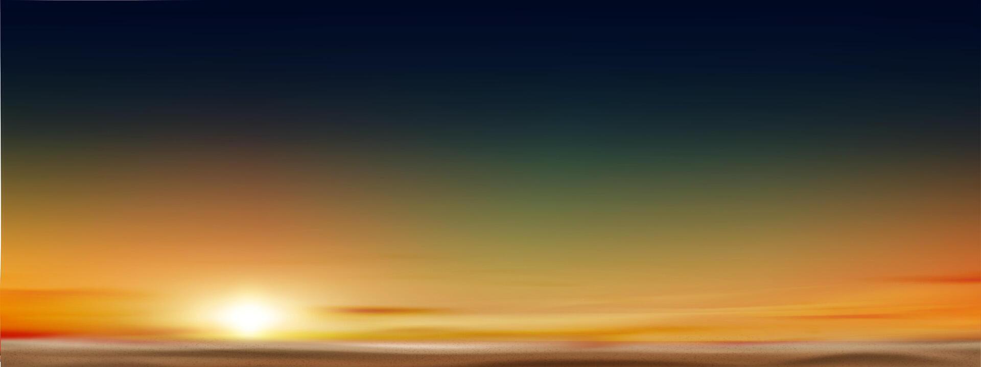Sunset Sky blue background,Summer sundown,clear sky red,orange,yellow over sea sand beach. cartoon nature background Sunrise sky,bright Sunlight,Horizon seascape Golden hour dramatic dusk sky vector
