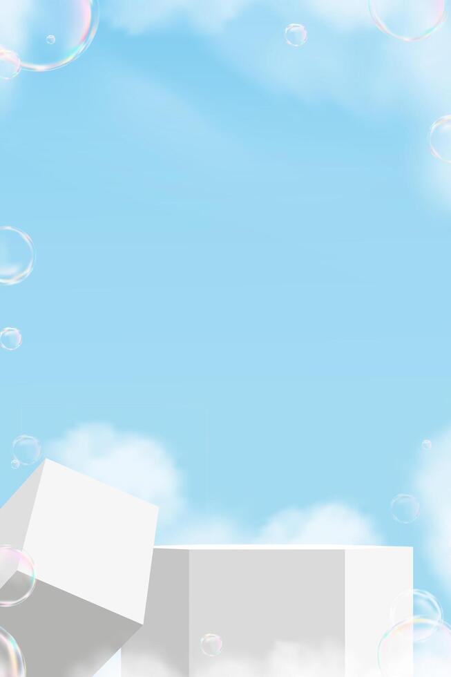 Sky blue, cloud background with white 3d podium platform step and bubble for summer product presentation banner, minimalist background display mockup with nature spring sky for cosmetic showcase vector