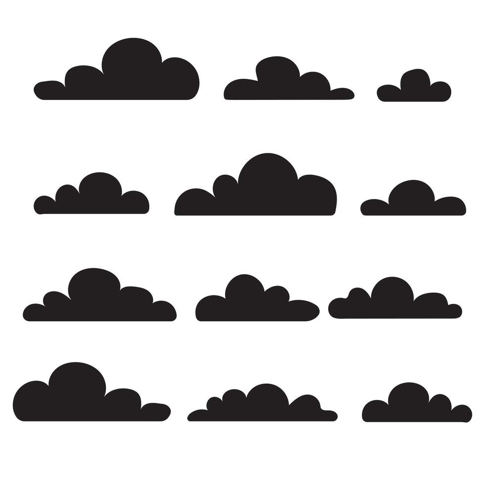 Simple Black Cloud Icons Set for Design Projects, A collection of various sized, solid black cloud shapes vector