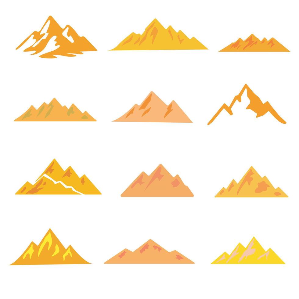 A set of twelve simple, stylized mountain silhouettes in various shapes and shades of orange and yellow. vector