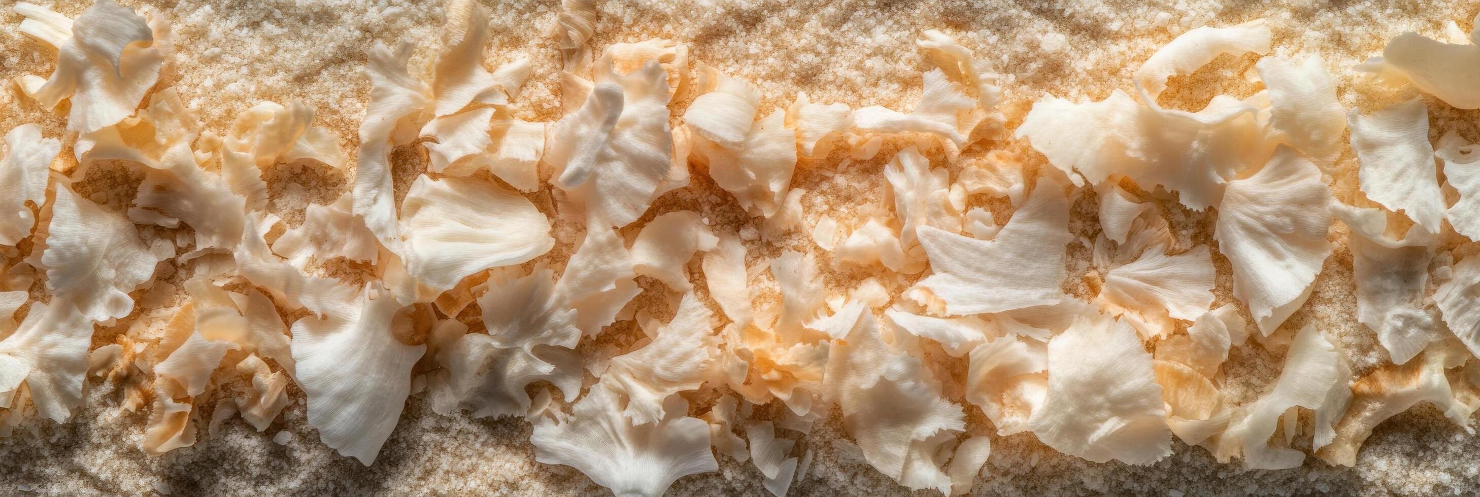 Close-up of white sea shell fragments on sandy beach surface photo