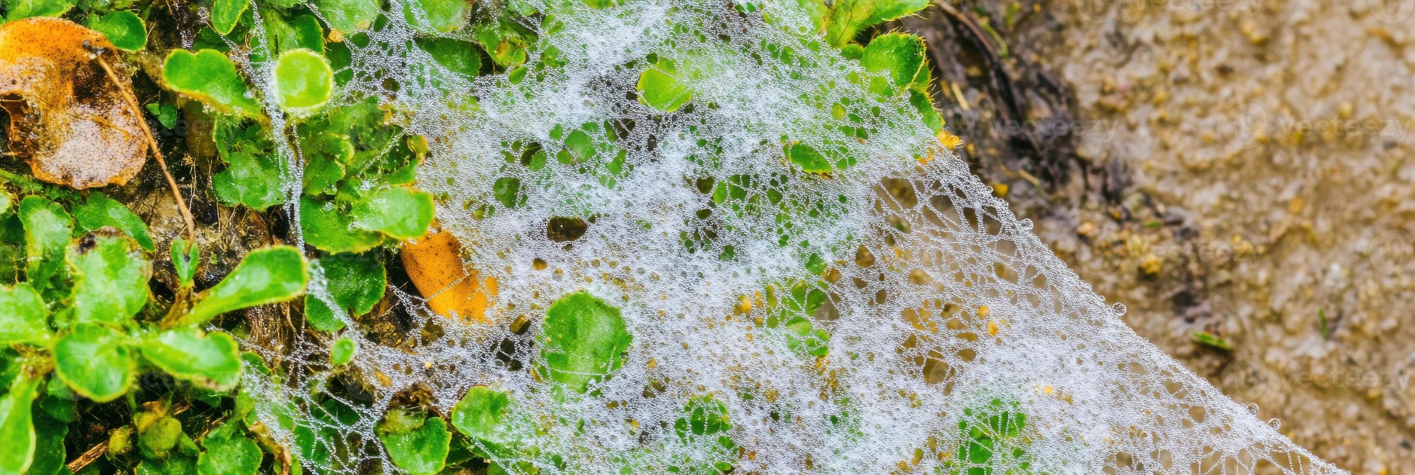 Intricate spider web with dew drops on green foliage in natural environment photo