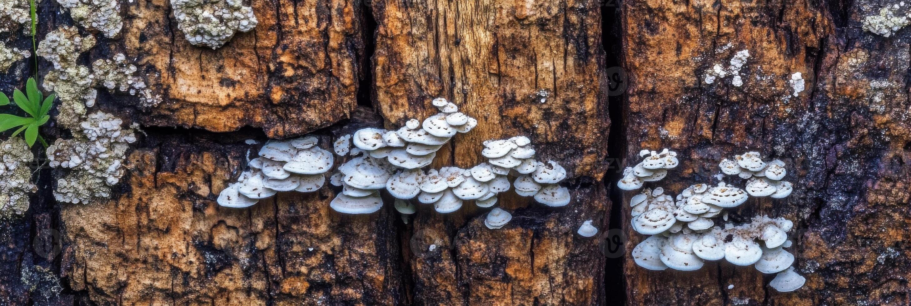 Small white mushrooms growing on weathered tree bark in natural forest setting photo