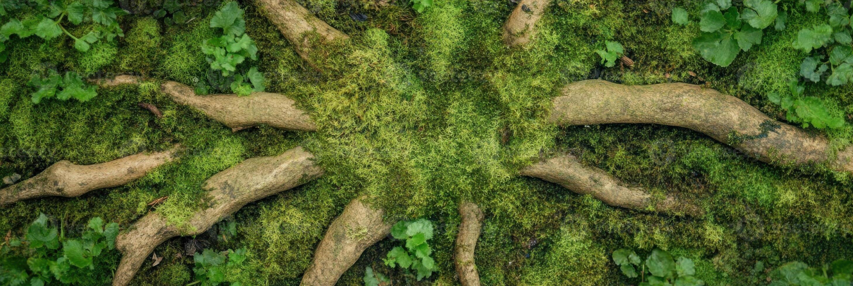 Aerial view of tree roots intertwined with moss in a lush forest environment photo
