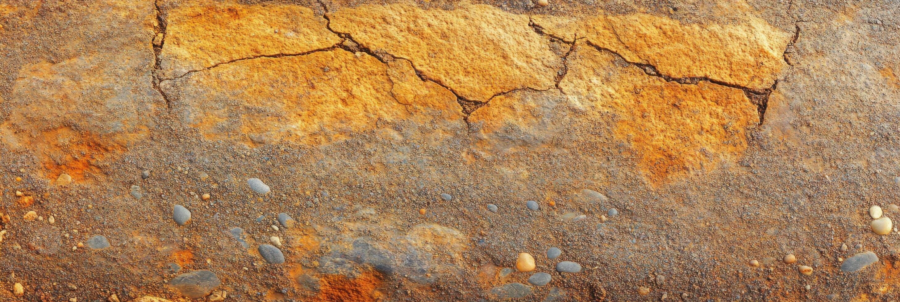 Cracked earth texture with pebbles showcasing natural erosion patterns and weathering effects photo