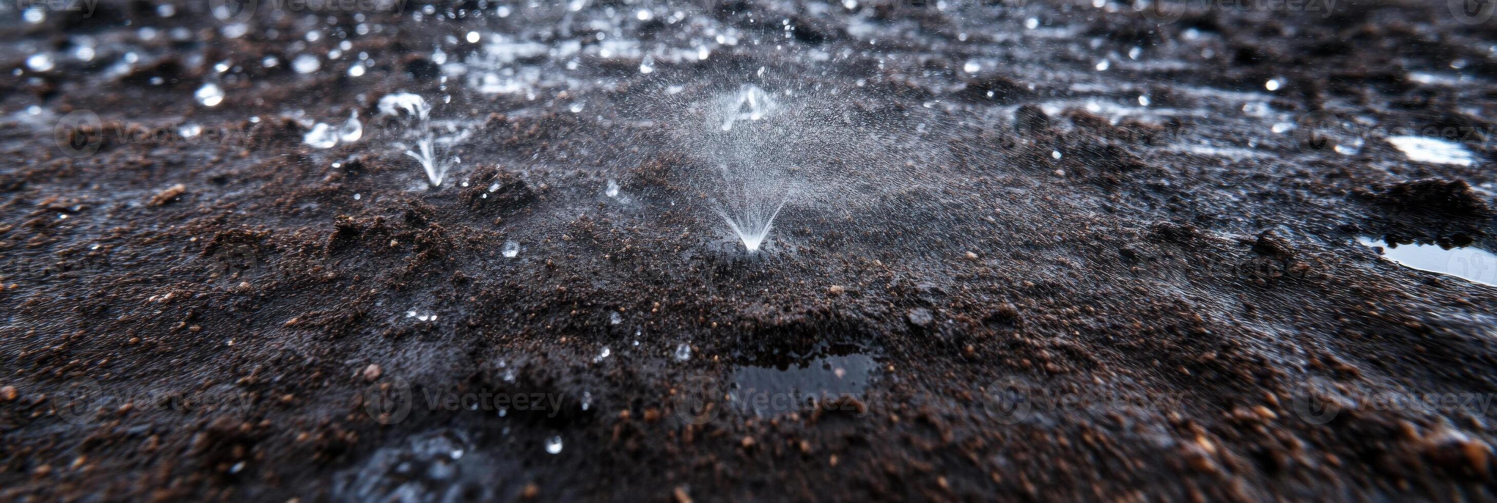 Close-up of raindrops splashing on soil capturing water interaction and texture photo