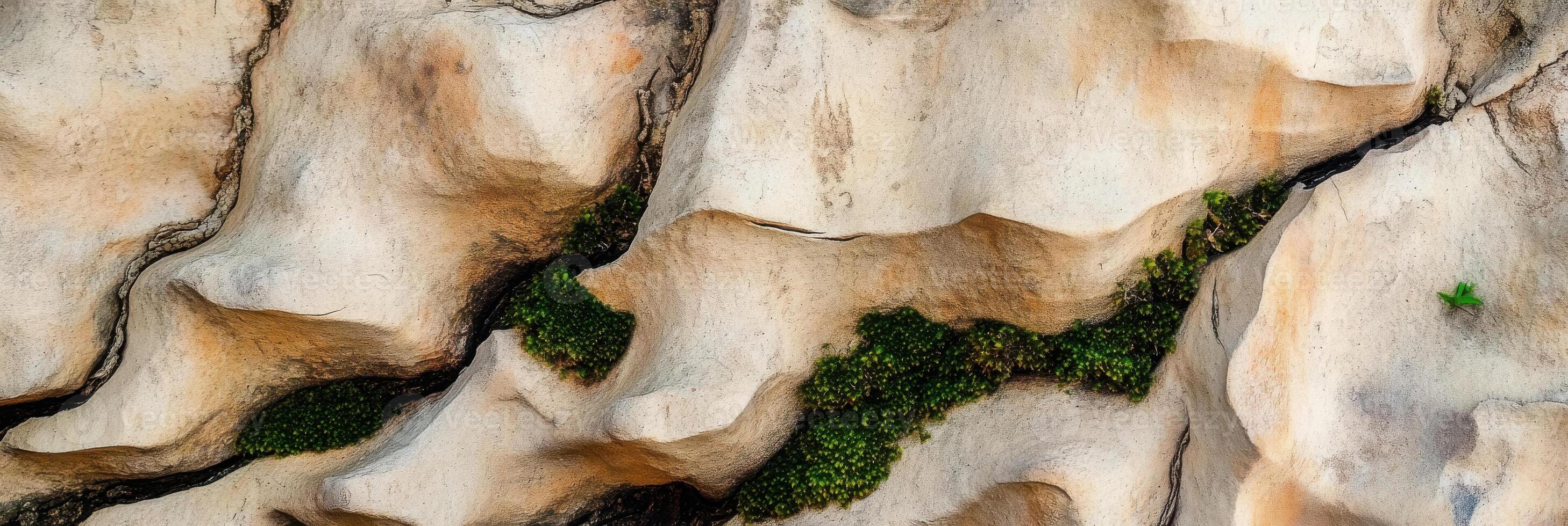 Eroded rock surface with pockets of green moss in natural formation photo