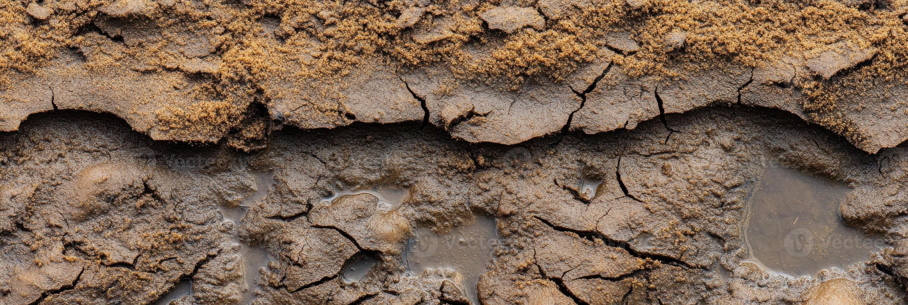 Cracked earth surface with dried mud and rich textured layer showing drought effects photo