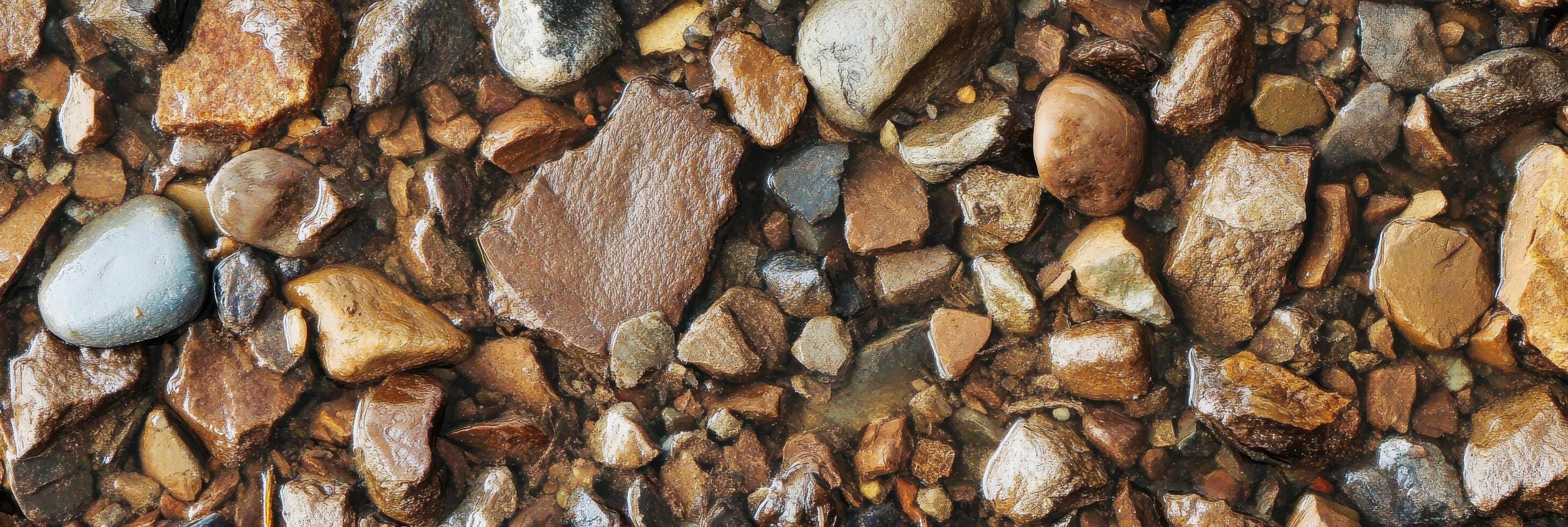 Various sizes and shapes of rocks and pebbles mixed in water surface photo