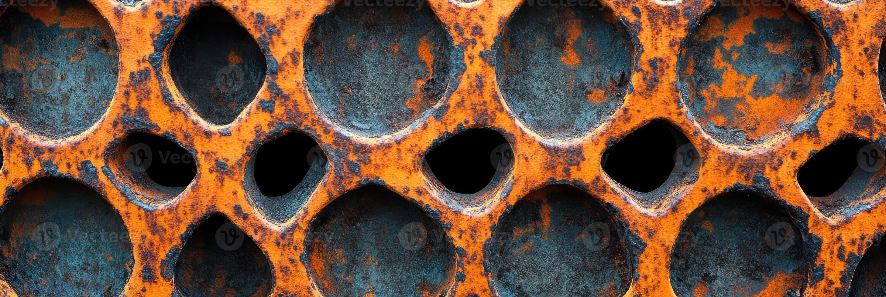 Close-up of weathered rusty metal surface with circular patterns and texture photo