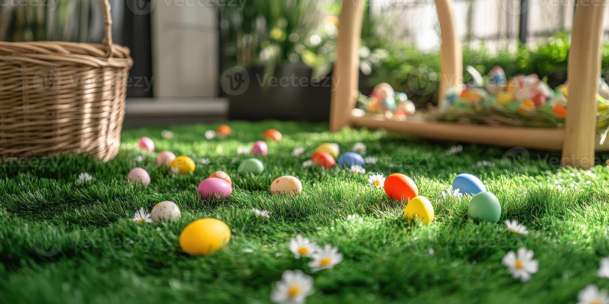 Colorful easter eggs scattered on lush green grass with blooming daisies photo