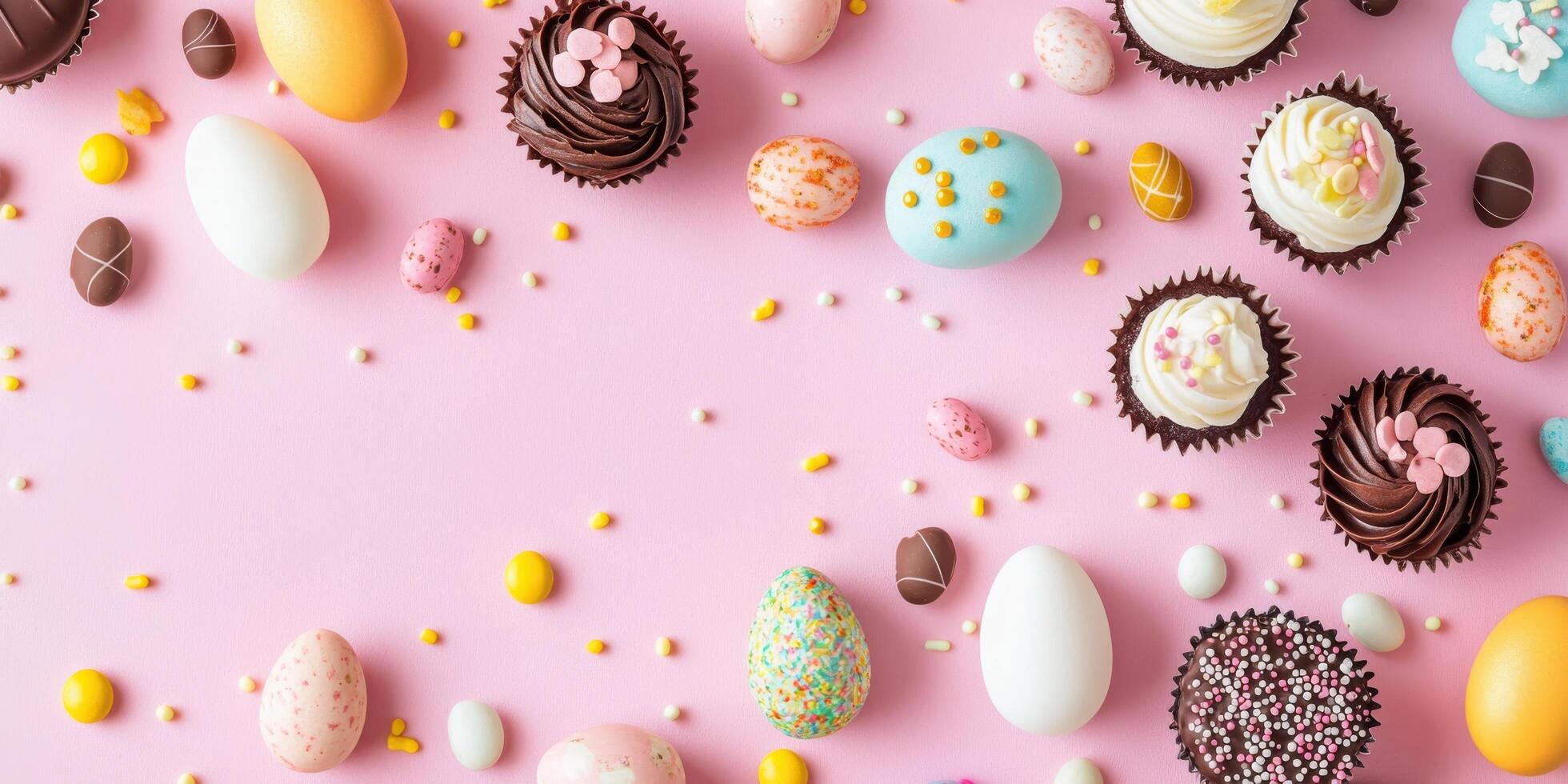 Festive easter eggs and cupcakes with colorful candy on pastel pink background photo
