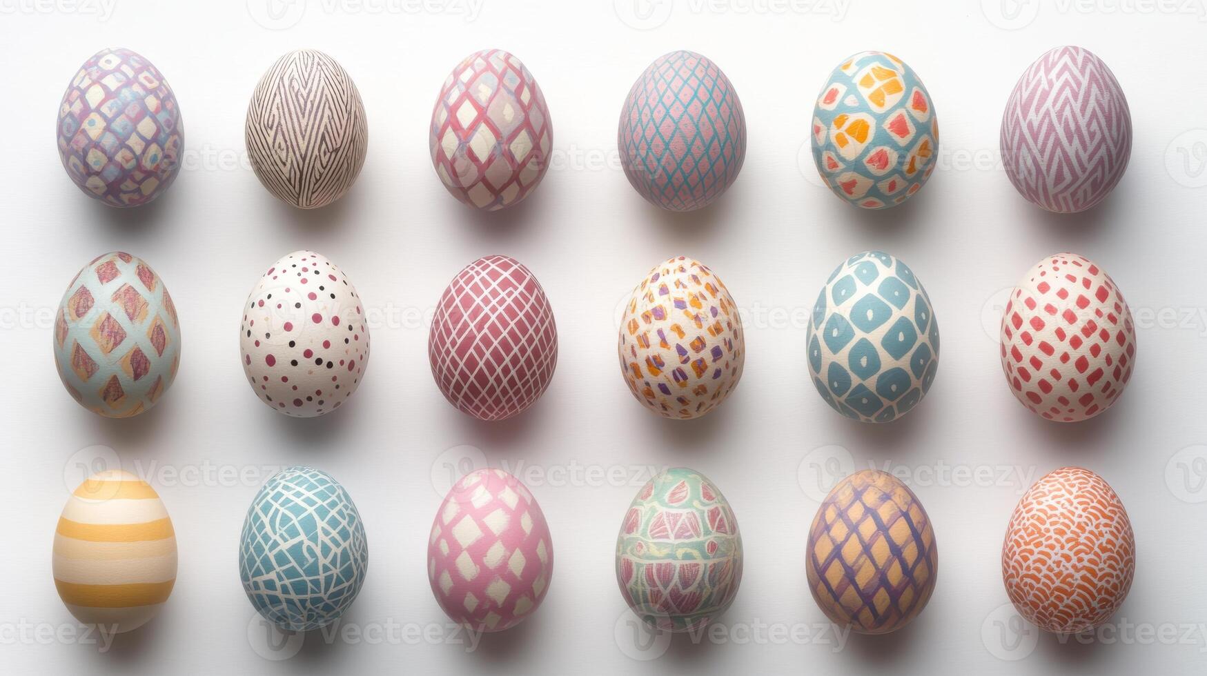 Collection of decorated easter eggs in various patterns and colors for holiday celebration photo