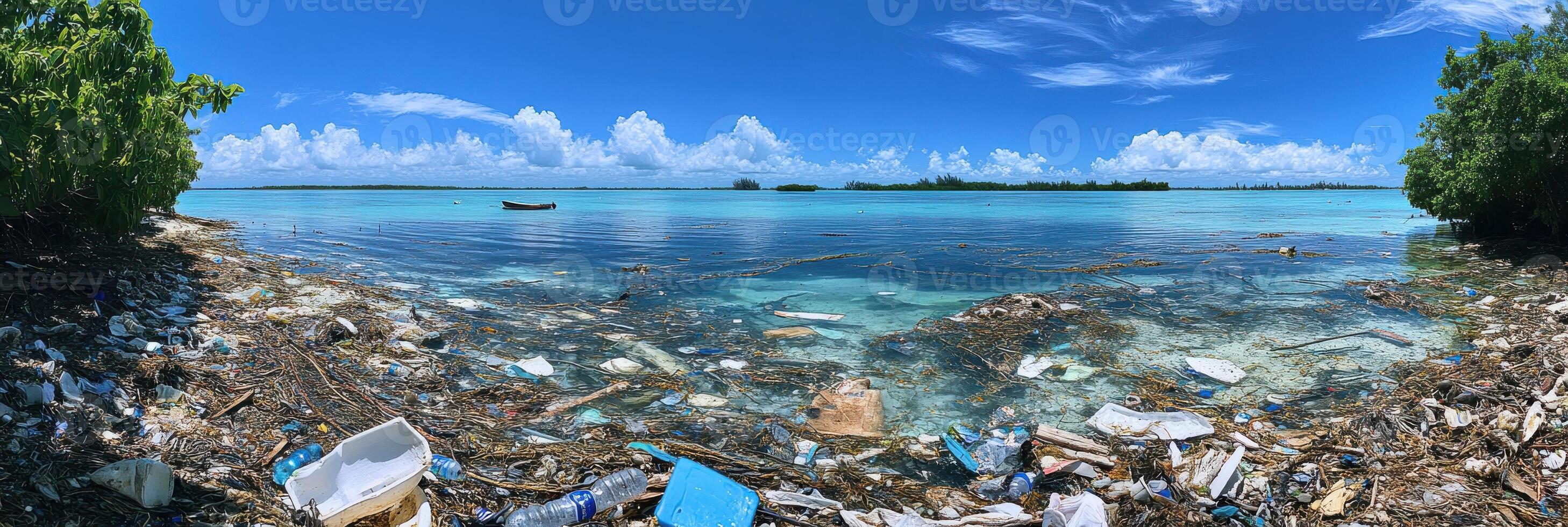 Coastal pollution with trash accumulating on shoreline and pristine blue sea beyond photo