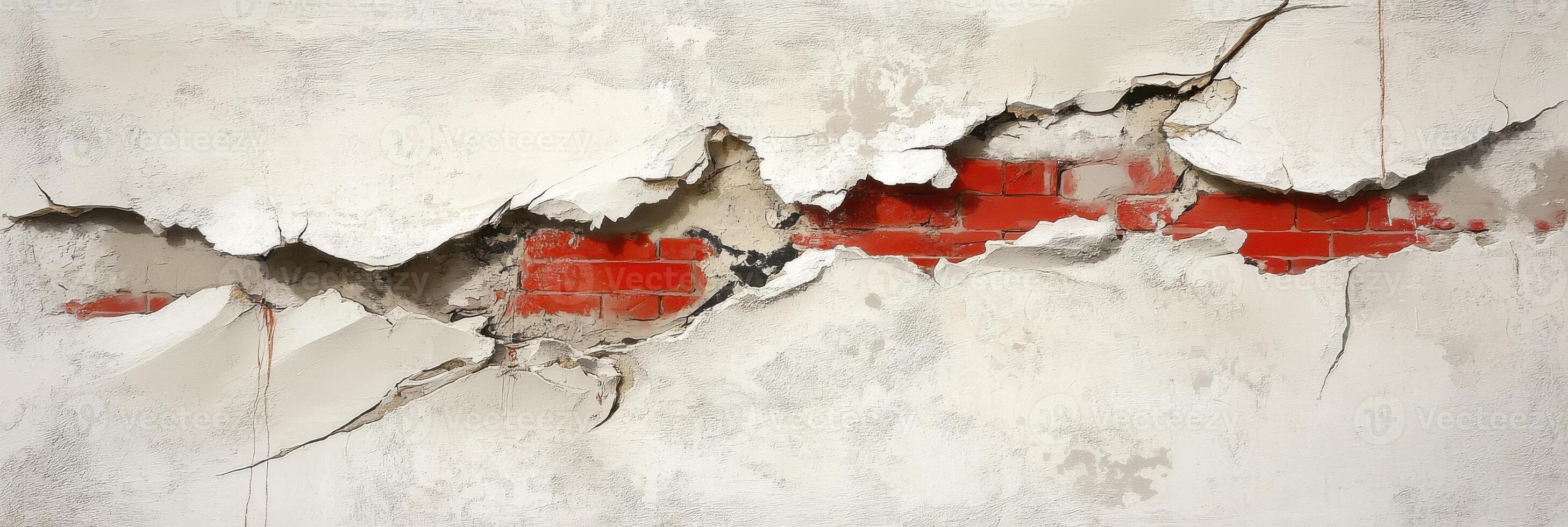 Cracked wall reveal with red brick layer exposed in urban setting photo