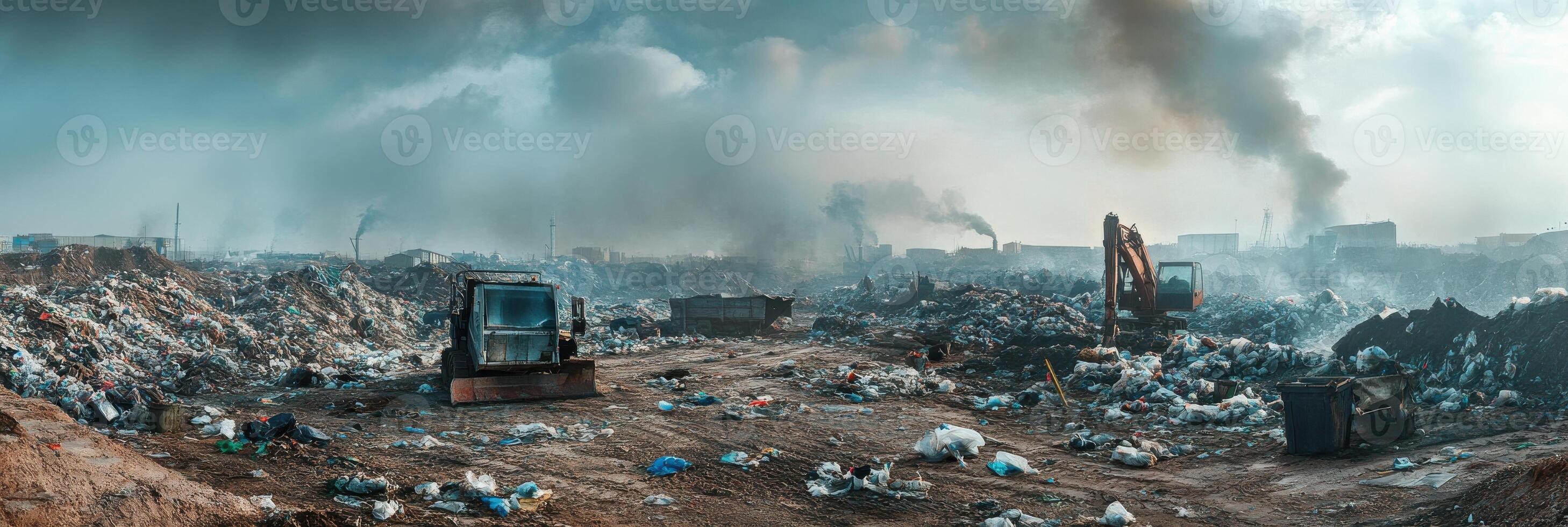 Expansive landfill with industrial machinery and air pollution in the distance photo