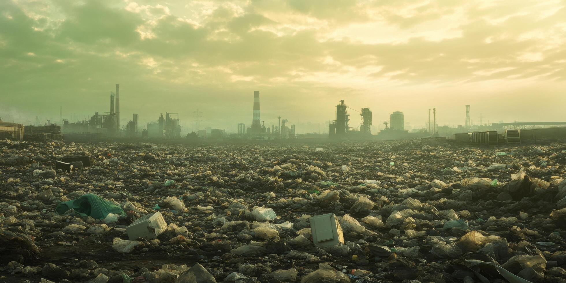 Expansive industrial waste landscape under overcast sky depicting pollution concerns photo