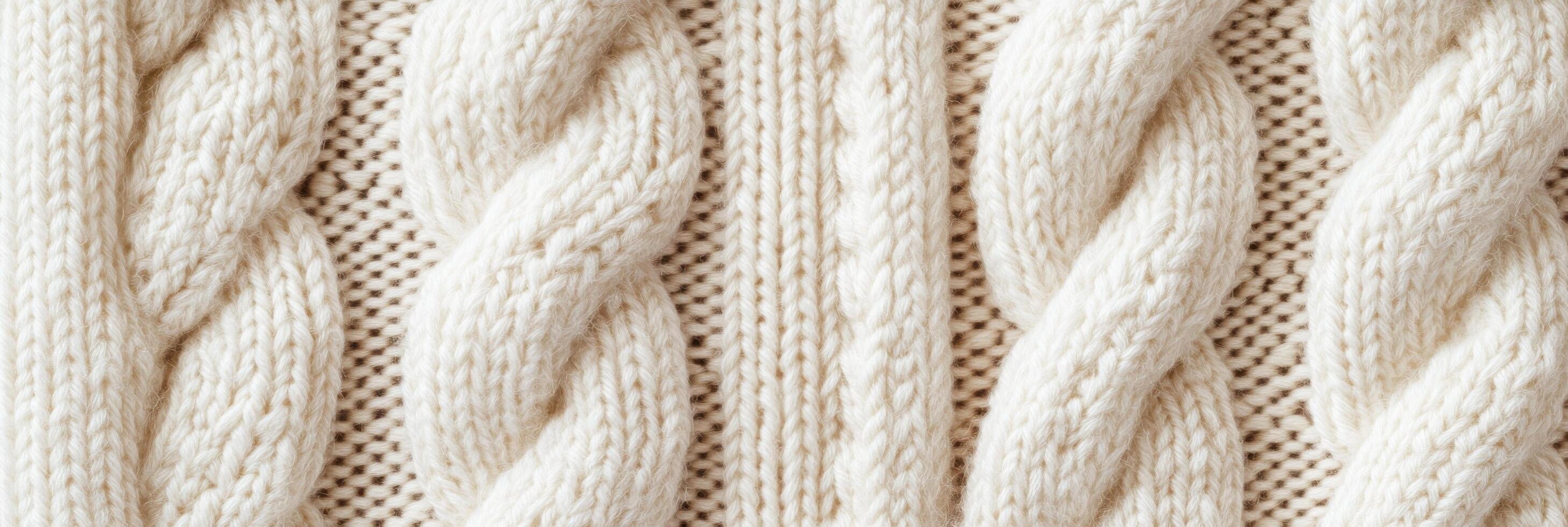 Close-up of cozy knitted wool fabric with intricate cable patterns photo
