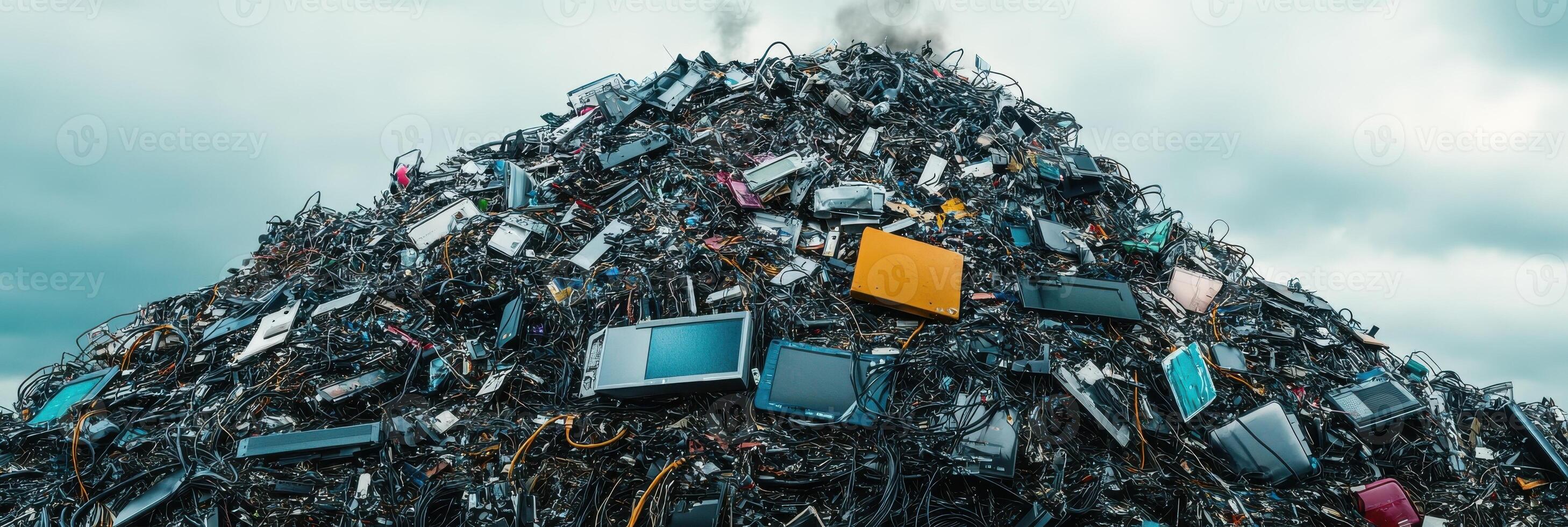 Large pile of discarded electronic and mobile devices in e-waste dumping site photo