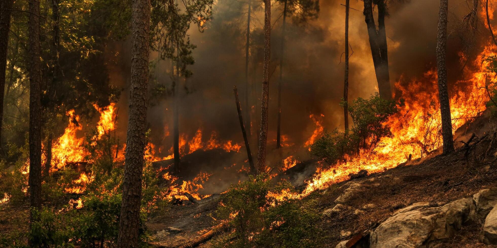 Intense forest fire with flames and smoke in dense woodland environment photo
